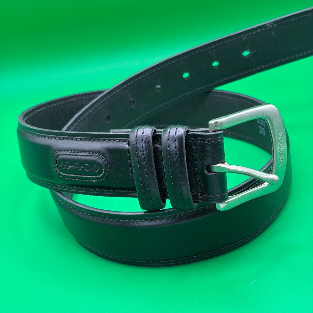 Columbia Black Leather Belt Mens 36 Silver-tone Buckle Rugged Work Durable EUC